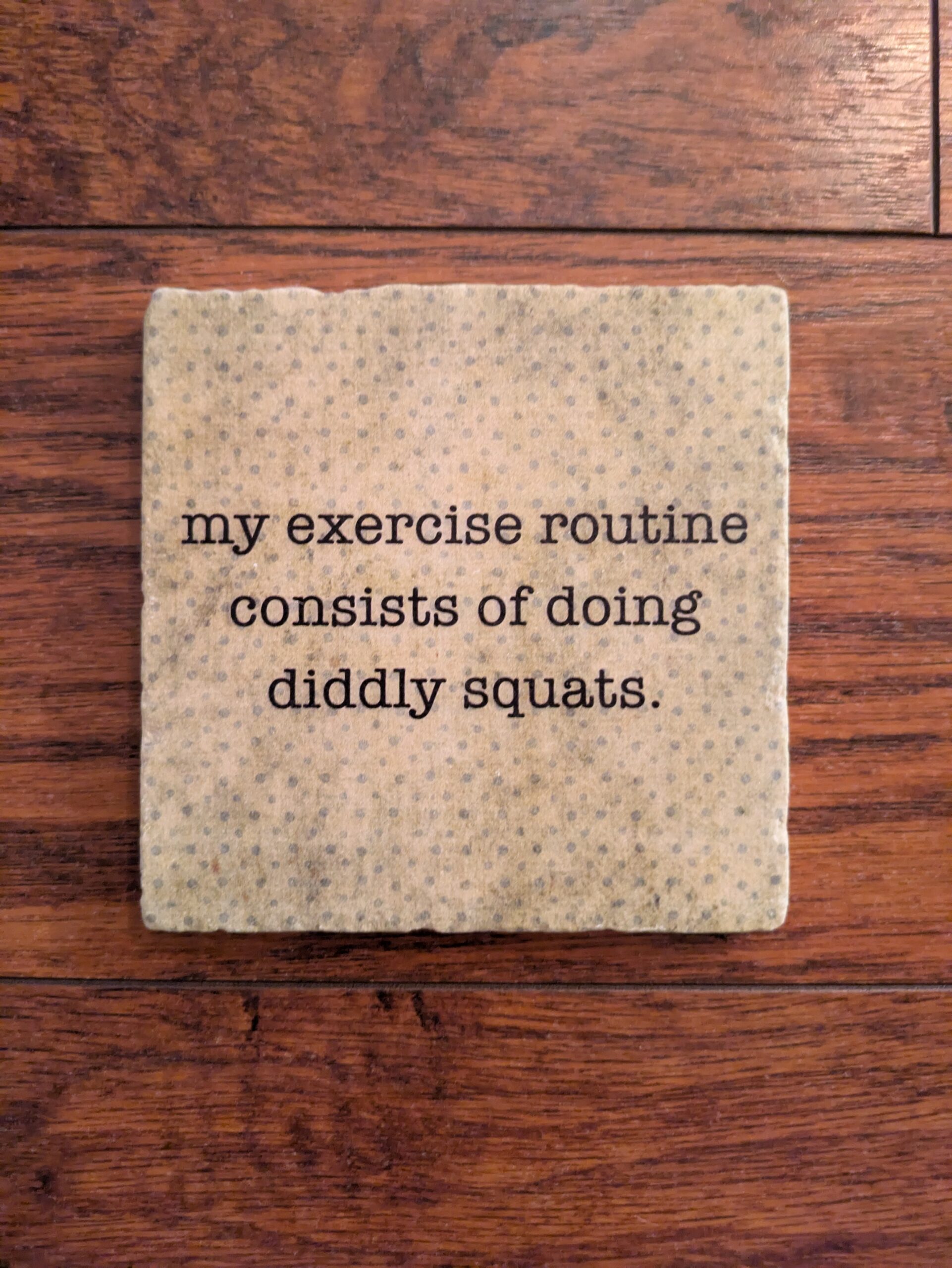 PXL_20250721_151548502 coaster with phrase "my exercise routine consists of doing diddly squats."
